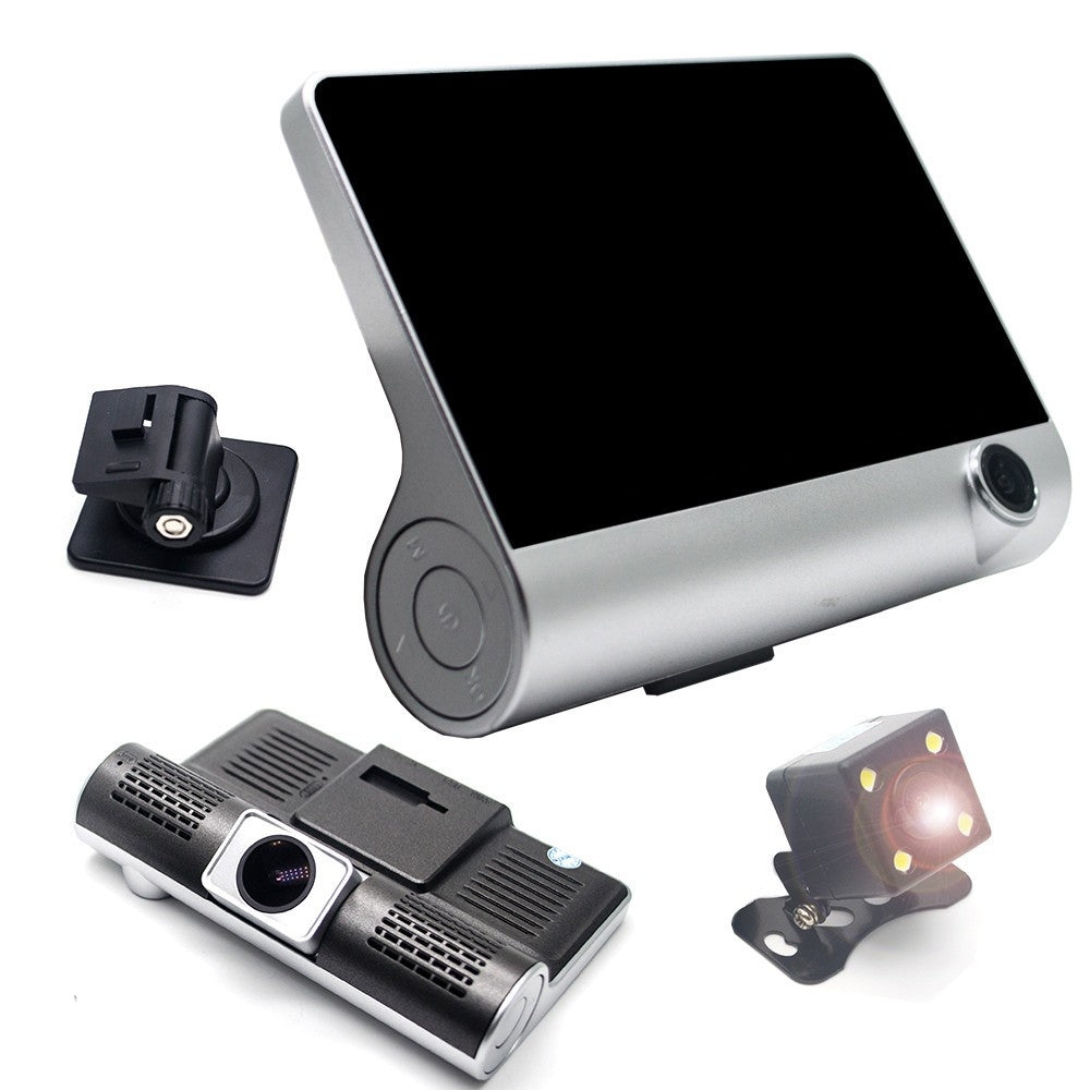 Camera auto DVR 3 canale cu ecran 4 inch, camera marsarier cu LED si suport ventuza – vedere componente