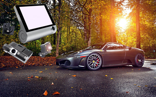 Set complet camera auto DVR tripla cu ecran 4 inch si camera marsarier cu infrarosu, montata pe masina sport