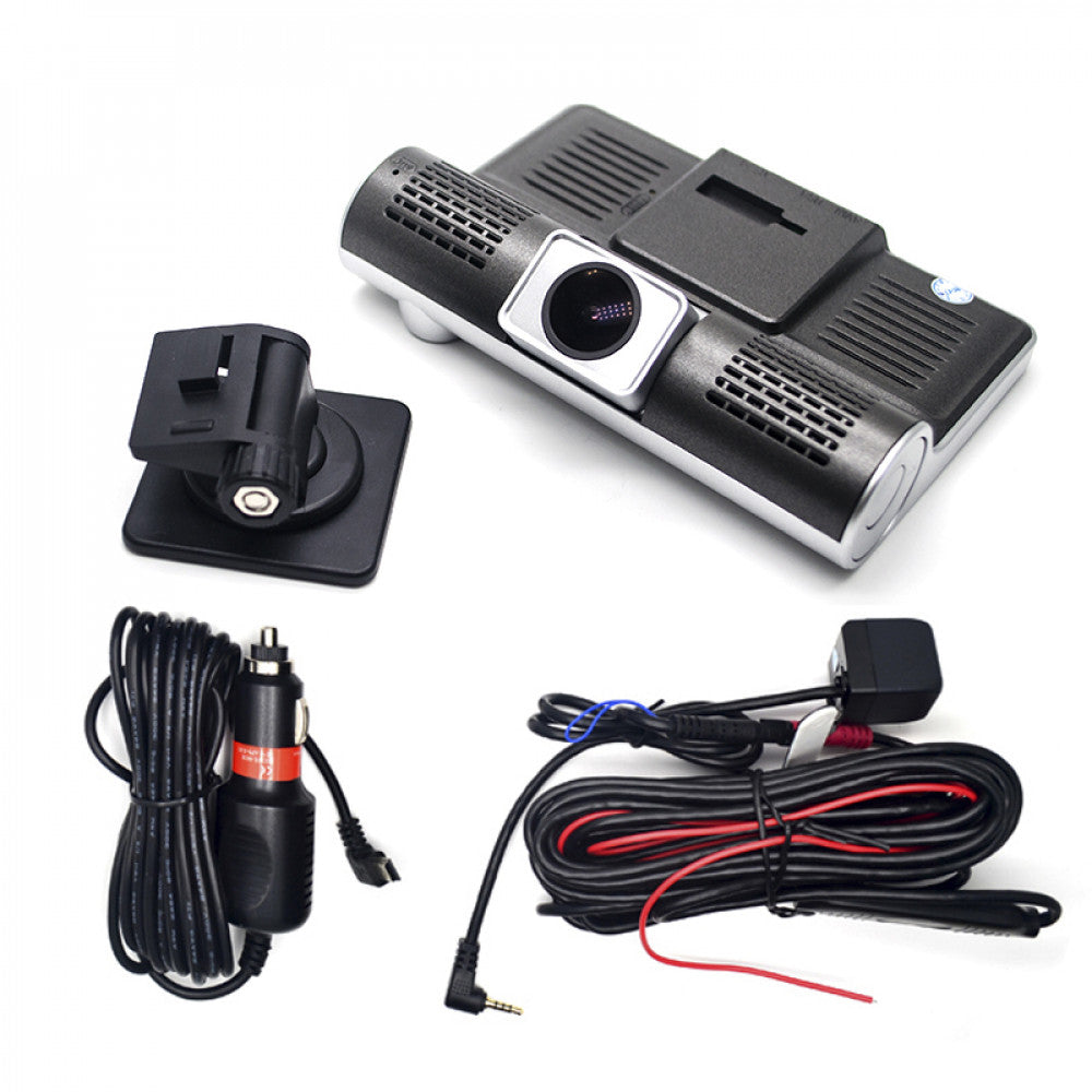 Camera auto DVR 3 canale cu accesorii incluse: incarcator auto, cablu hardwire si suport montare