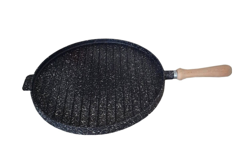 Tigaie grill cu doua fete Harlem® Granit 36S, Suprafete din granit antiaderent, Maner din lemn, Suprafata neteda si suprafata grill, Diametru 34 cm, Negru