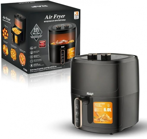 Product Image for Friteuza cu aer inoxidabil fara ulei Ecran din sticla transparenta neagra, 1500 W, 6 litri RAF-5324